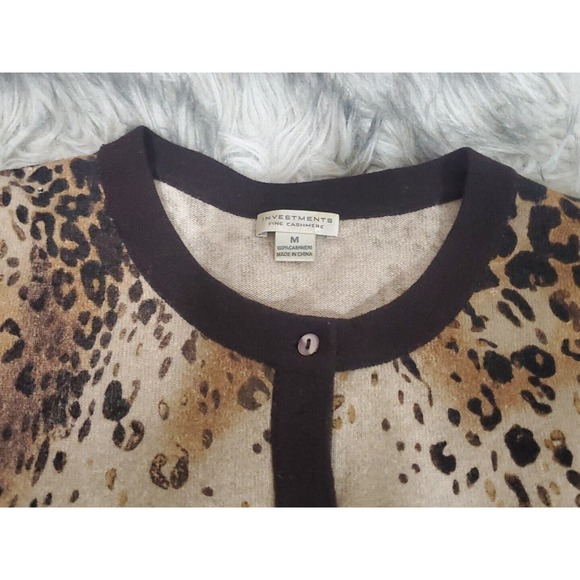 Investments Fine Cashmere Med Hidden Buttons Brown Leopard Cardigan Sweater - Picture 3 of 11